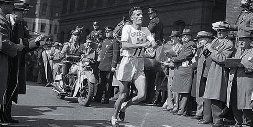 Stelios Kyriakides finishing first at Boston marathon 1946