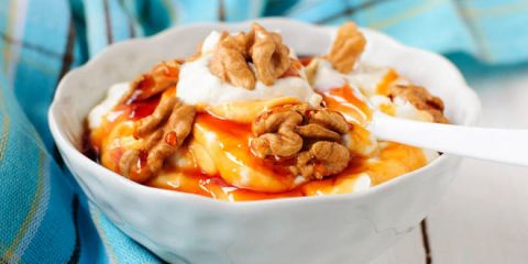 Greek yogurt with honey is commonly served as a healthy snack or refreshing dessert.