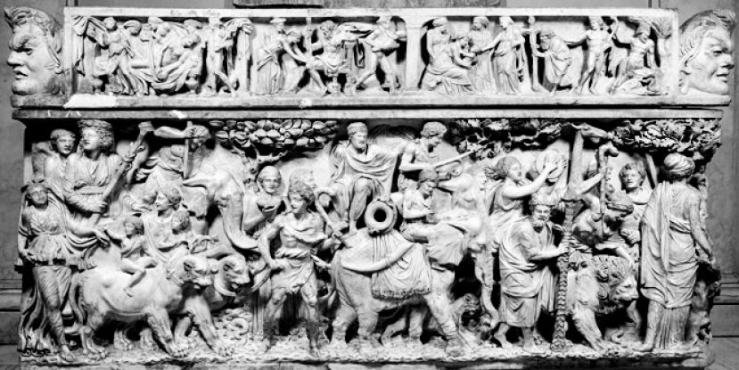 The triumph of Dionysus, depicted on a 2nd-century Roman sarcophagus. Dionysus rides in a chariot drawn by panthers; his procession includes elephants and other exotic animals.